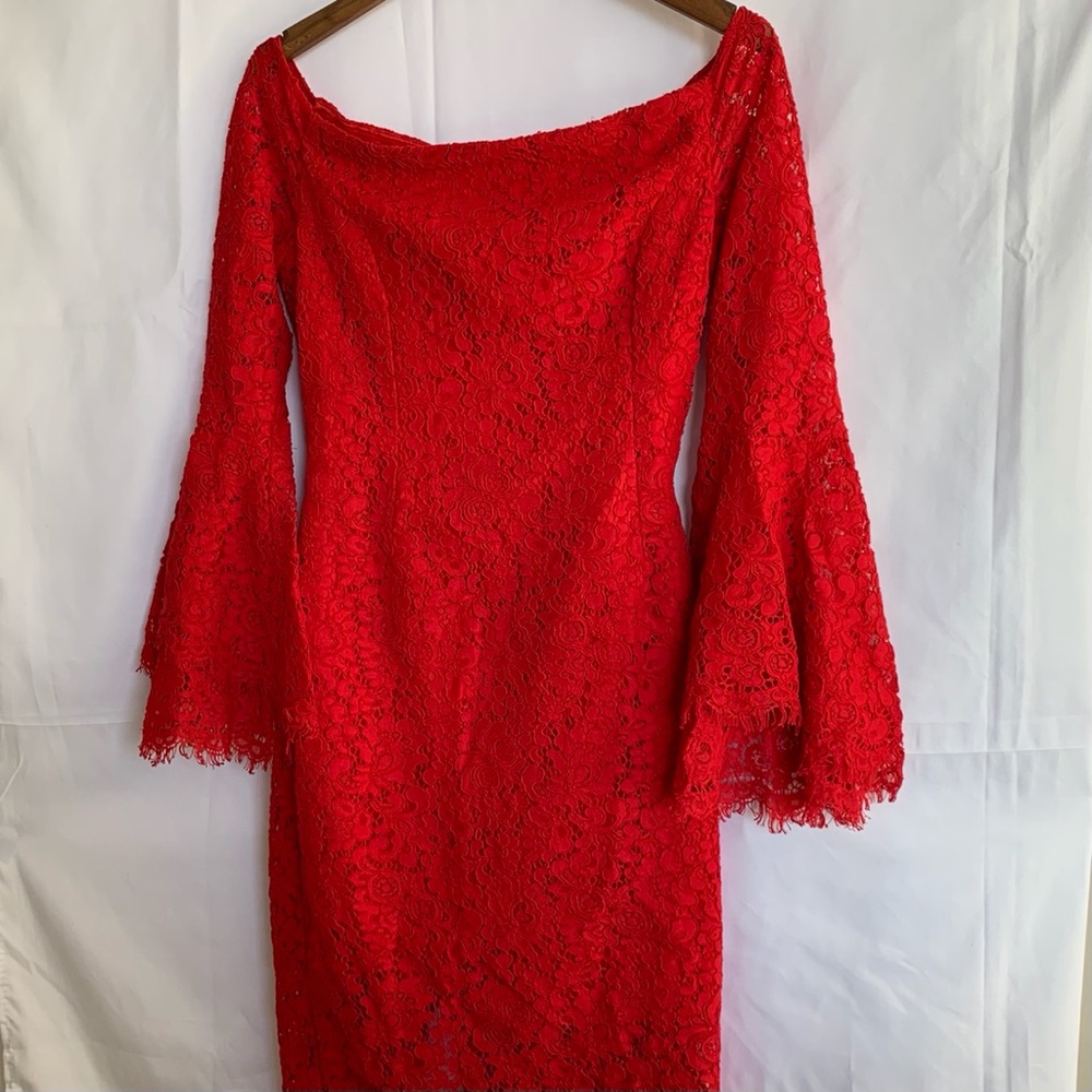 Bardot Red Lace Cocktail Dress with Bell Sleeves